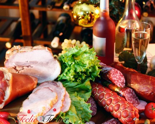 Christmas And New Year party table on wine rack background.